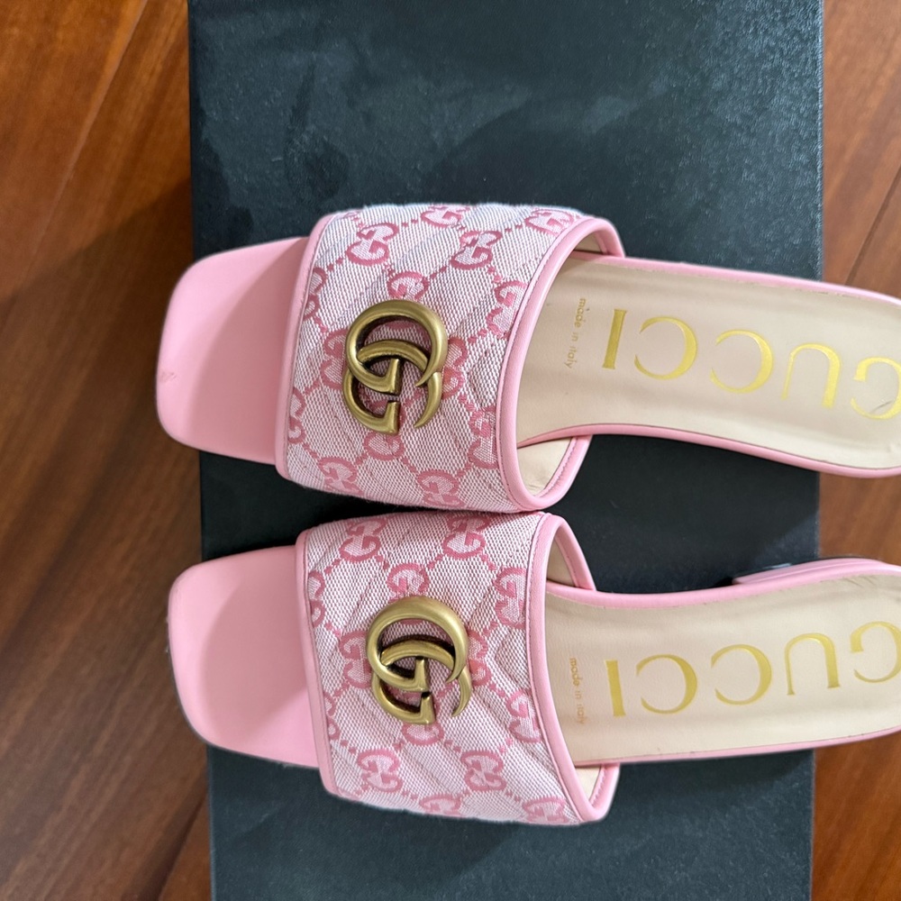 Gucci Pink GG Canvas Slide Mules with Gold Double G